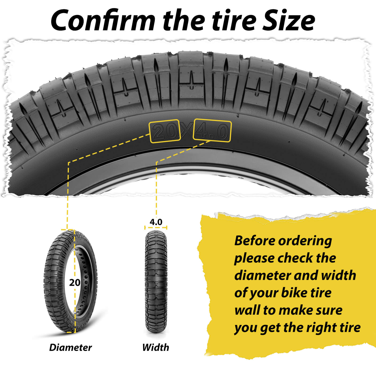 Size of Hycline All-terrain Heavy-duty Armbands 20x4.0 / 20x4.5 / 20x5.0 / 26x4.0 Fat Tire for Pavement & Mountain E-bike