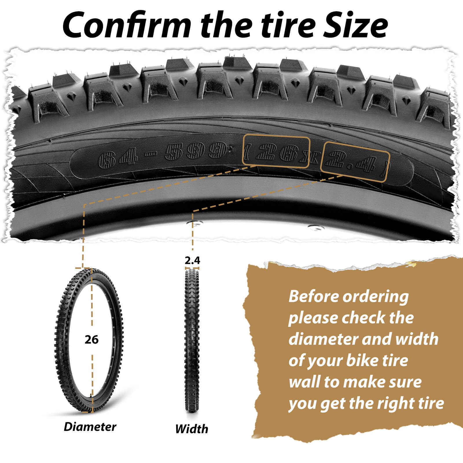 Size of Hycline Terrace Mountain Bike Tire 26"/27.5"/29" × 2.4" with tubes replacement kit