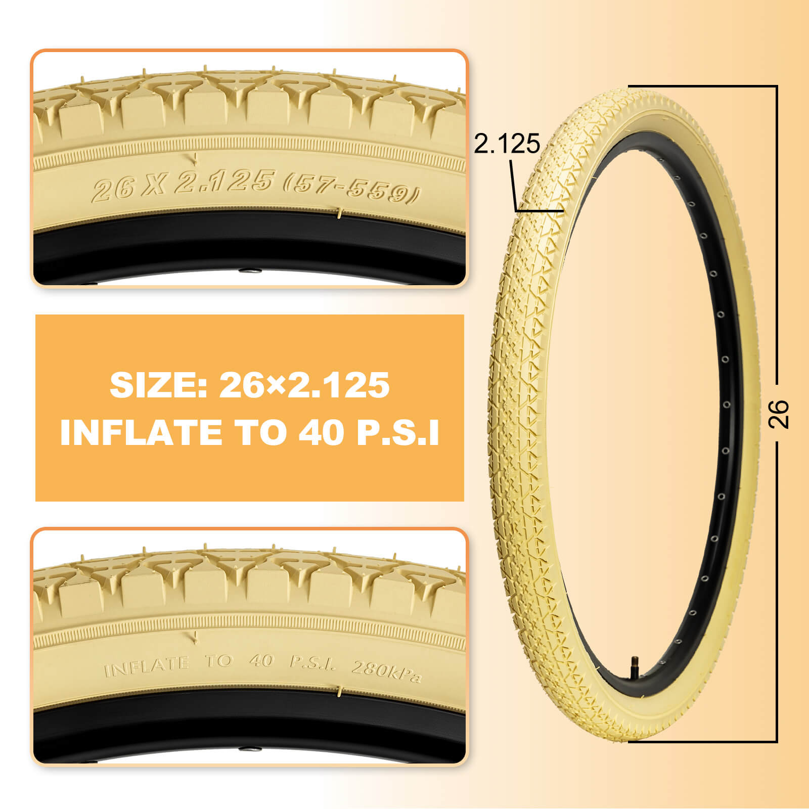 Gembridge Beige Wall Beach Crusier Tire - 26" × 2.125"