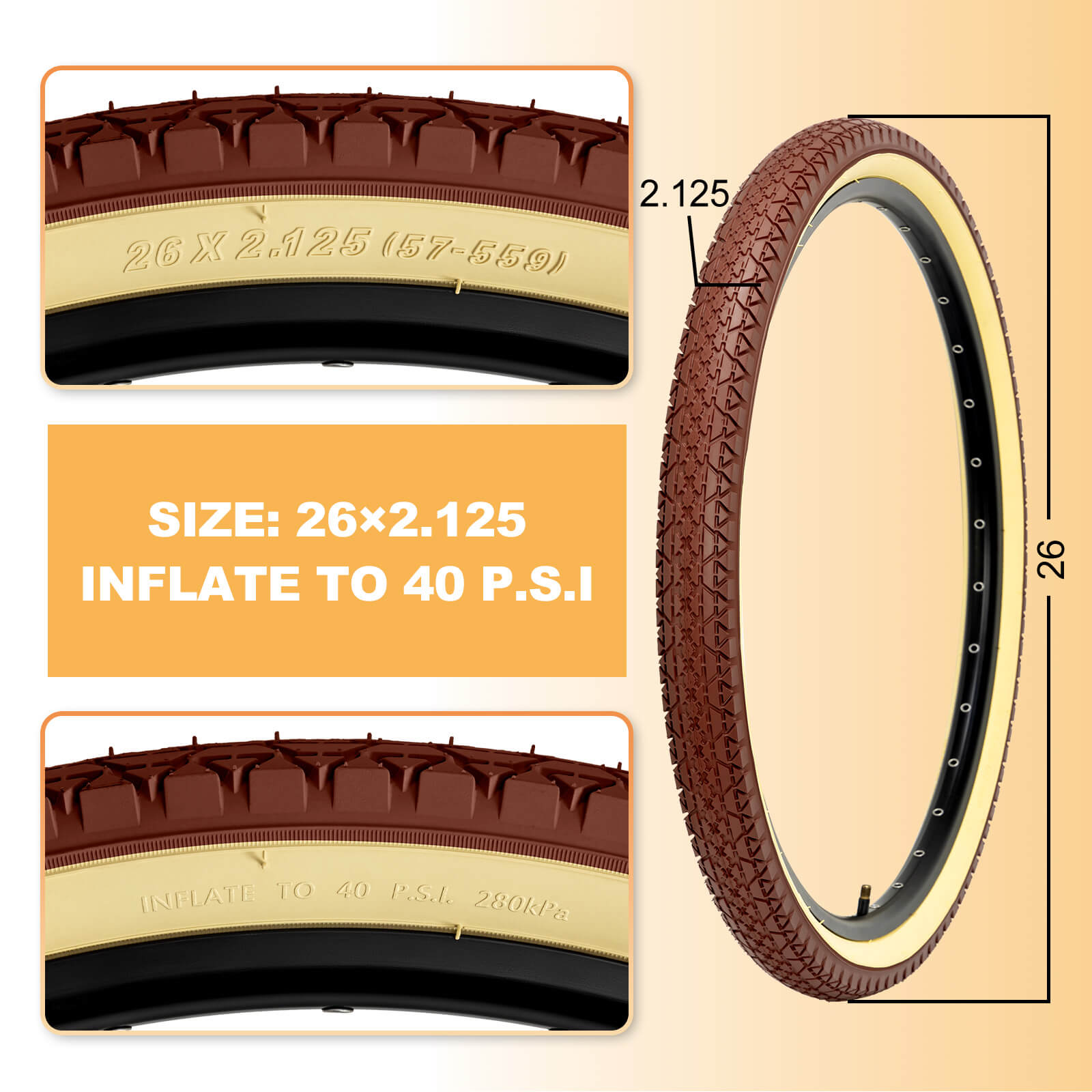 Gembridge Beige Wall Beach Crusier Tire - 26" × 2.125"