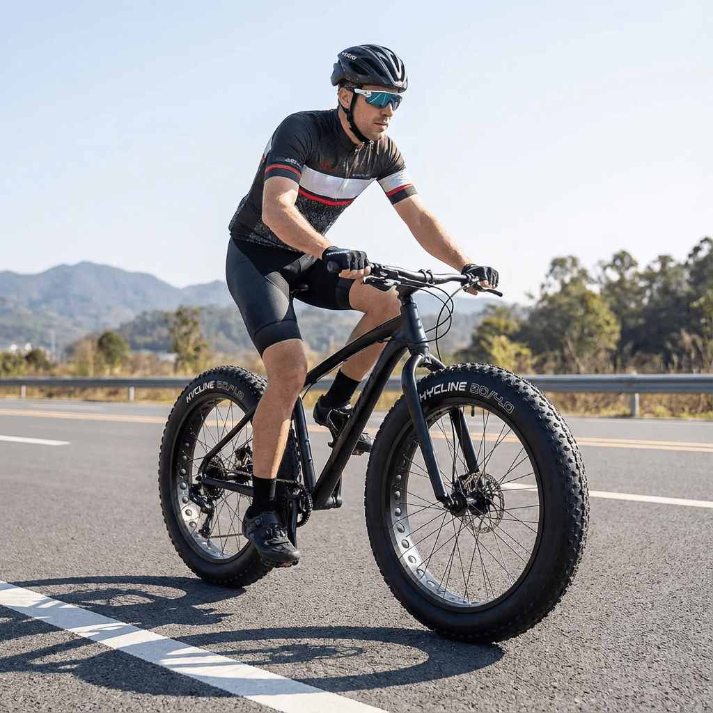 Man riding a fat-tire bike on a road with mountains on the high road
