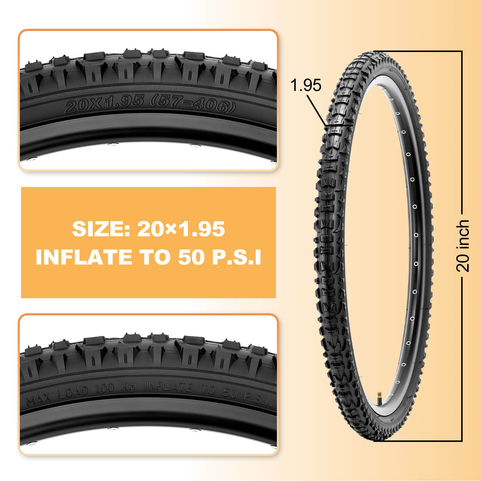 Size Chart of the Hycline Terrclaw Mountain Bike Tire - 20" × 1.95" MTB tire