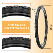 Size Chart of the Hycline 24" × 1.95" Terrclaw Mountain Bike Tire, best mountain bicycle tire for gravel and dirt
