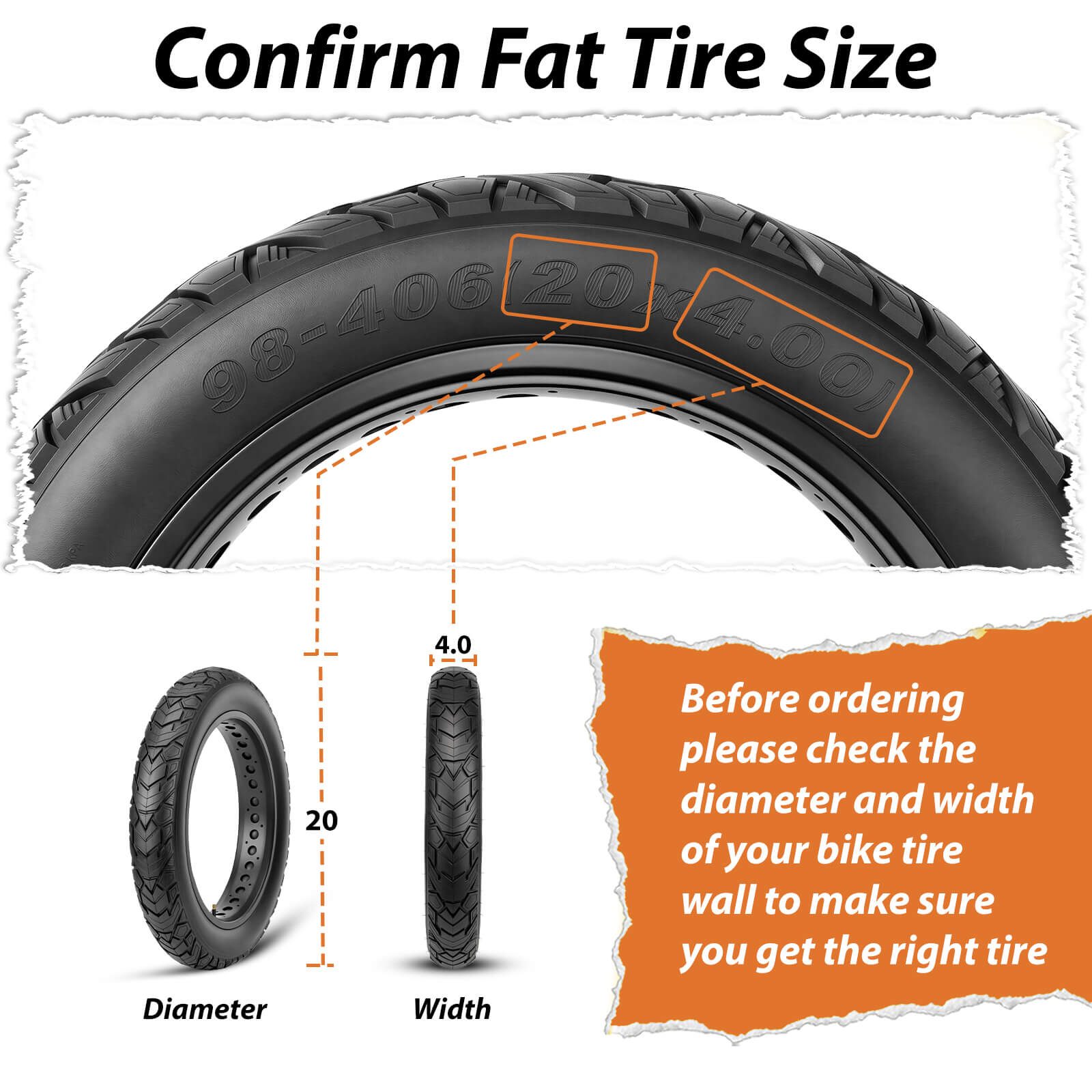 Hycline 20x4.0 inches Fat Bicycle tire with size information and dimensions