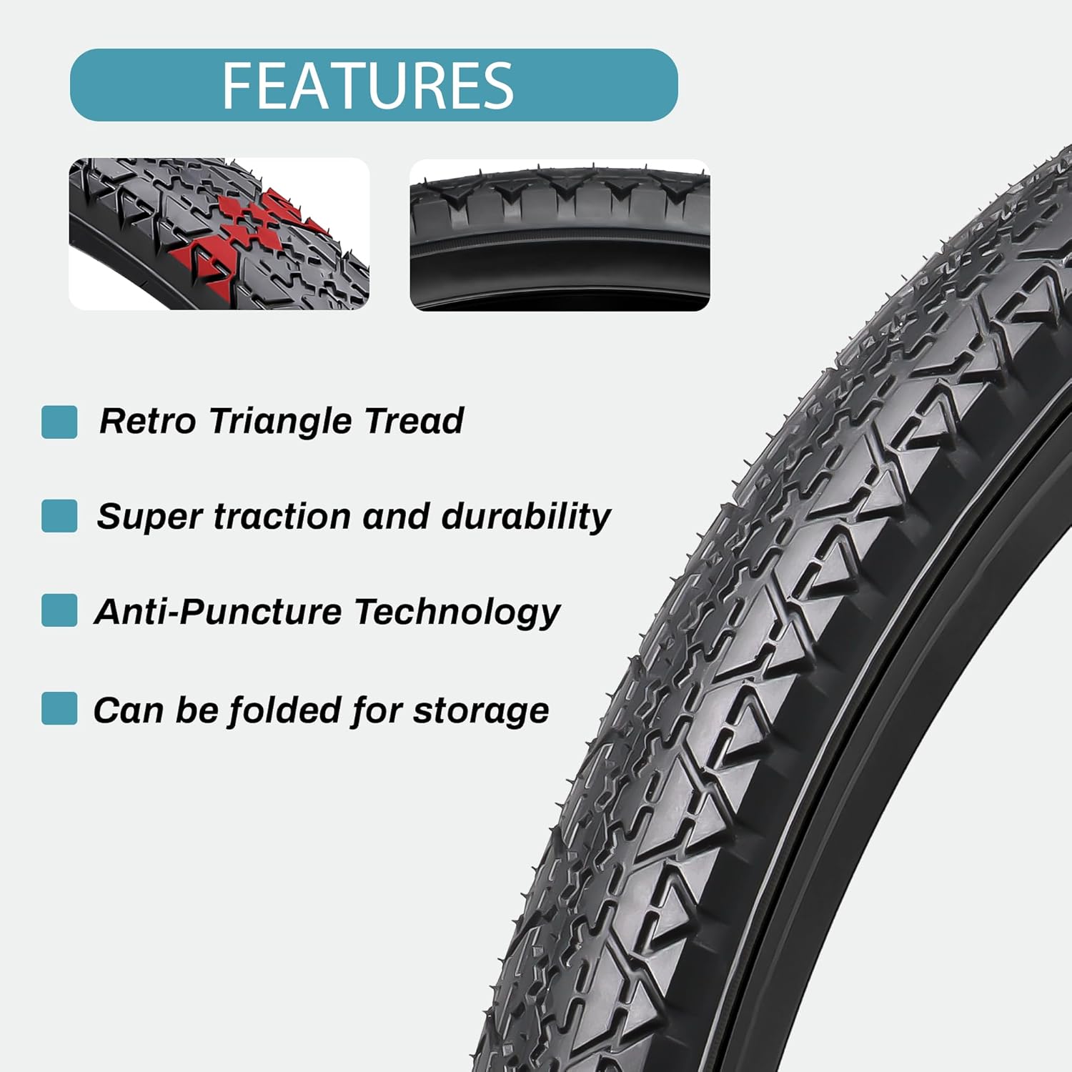 Bicycle tire with retro triangle tread and durability features highlighted.
