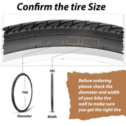 Gravel bike tire with dimensions label