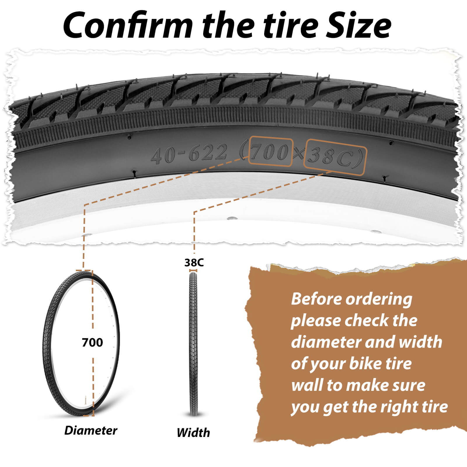 Gravel bike tire with dimensions label