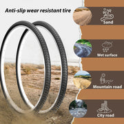 Anti-slip wear resistant gravel tire with applications on sand, wet surface, mountain road, and city road.