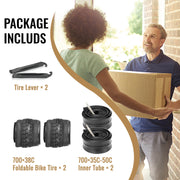 GRV gravel series tire package contents including tire lever, foldable bike tires, and inner tubes
