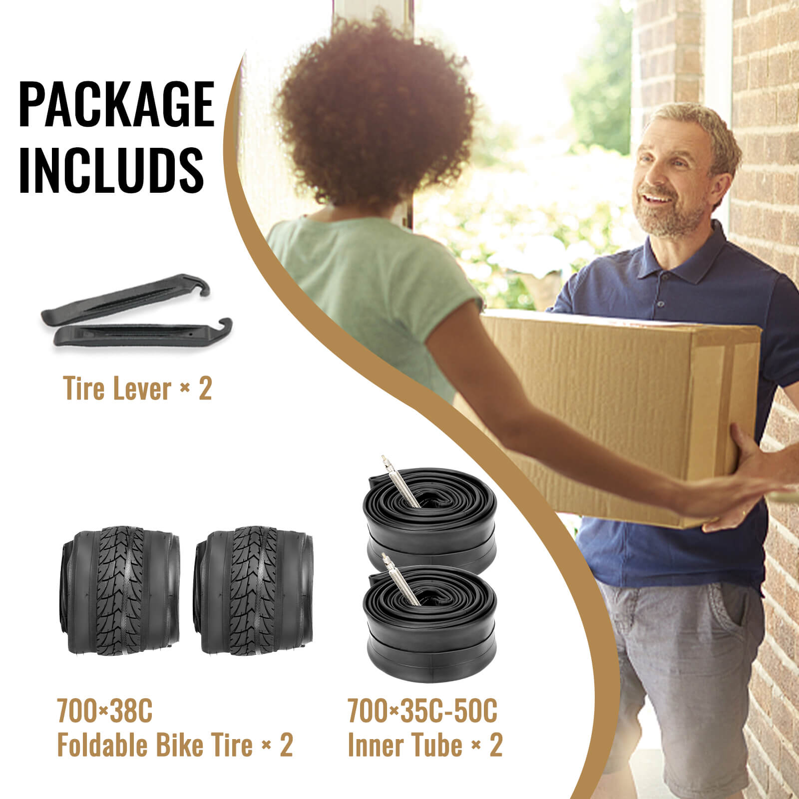 GRV gravel series tire package contents including tire lever, foldable bike tires, and inner tubes